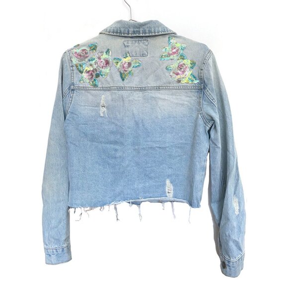 Forever 21 Women's Sequined back Denim trucker Jacket, light blue, Small - Picture 4 of 7